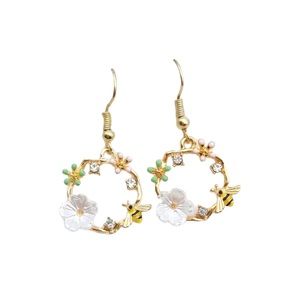 Gold Bumblebee and Floral Hoop Drop Earrings